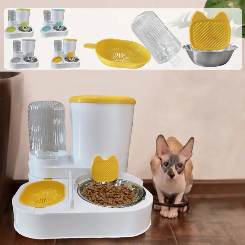 Automatic Pet Feeder and Water Dispenser with Integrated Round Plastic Bowl for Cat Food Storage