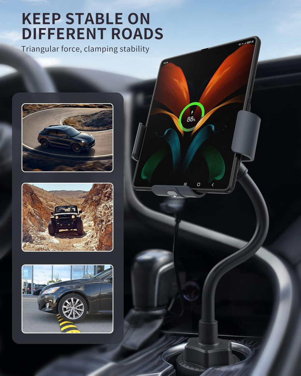 Wireless Car Charger for Z Fold 7/6/5/4/3/2, Dual Coil Cup Holder Phone Mount, Wireless Car Charger for Tesla, Auto Clamping Fast Charging for Iphone 16/15/14(Not Fit for Pixel Fold)