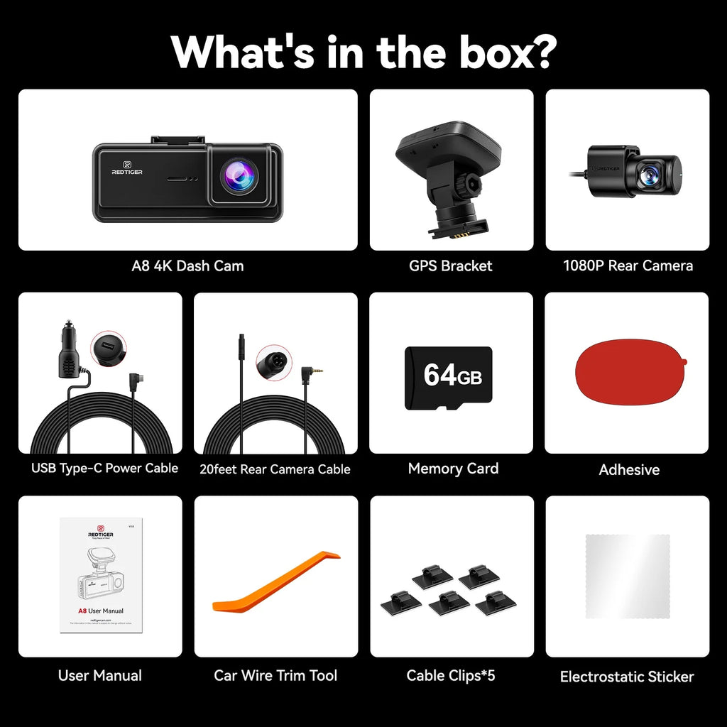 REDTIGER A8 Dash Cam Front and Rear, 4K Car Dash Camera with AI Driver Assistance, Built-In GPS, 3.18" IPS Touch Screen, Night Vision, 24H Parking Monitor, G-Sensor, Includes 64GB Card
