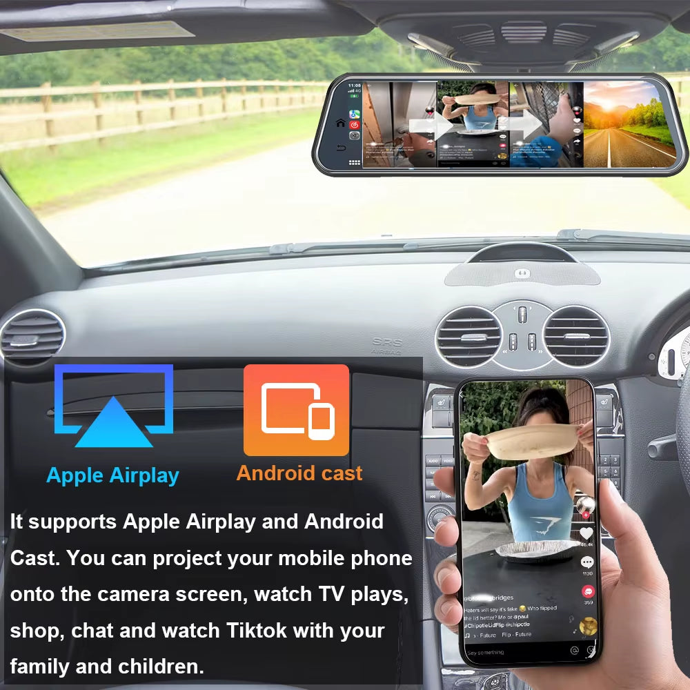 HGDO T122 10" 4K Mirror Dash Cam with Car Stereo Carplay 1080P Backup Camera Car Audio Receivers with Bluetooth Android Auto AUX