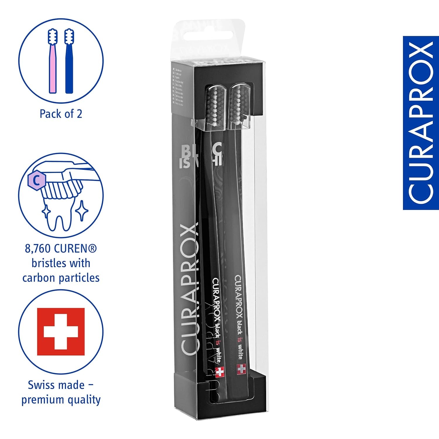 Curaprox Toothbrush Duo – for Adults | Stylish Black Toothbrushes with Ultra-Soft Filaments | Whitening-Friendly | Black | 2-Pack