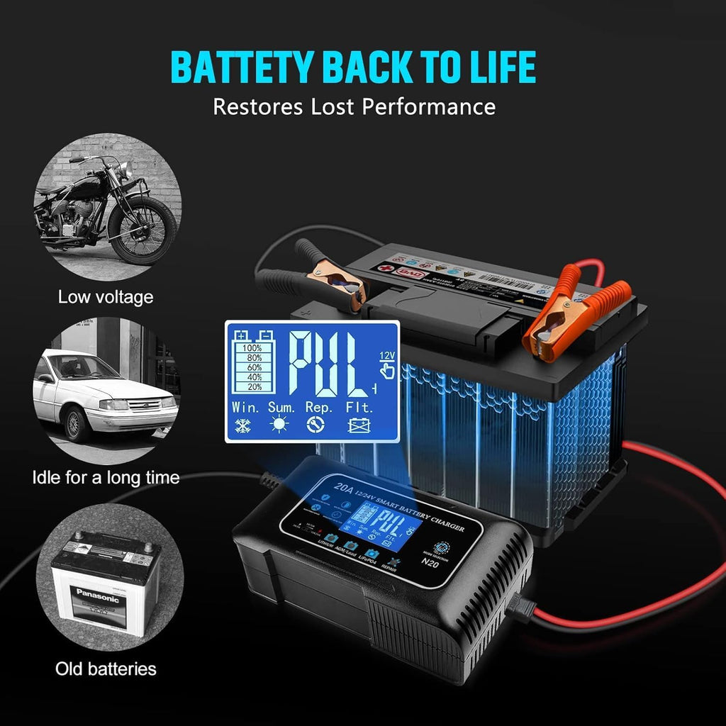 Battery Charger 0-20A 12V and 24V Lithium, Lifepo4, Lead Acid (Agm/Gel/Sla), Smart Car Battery Charger and Maintainer, Trickle Charger with Pulse Repair for Car, Boat, Marine, Deep Cycle