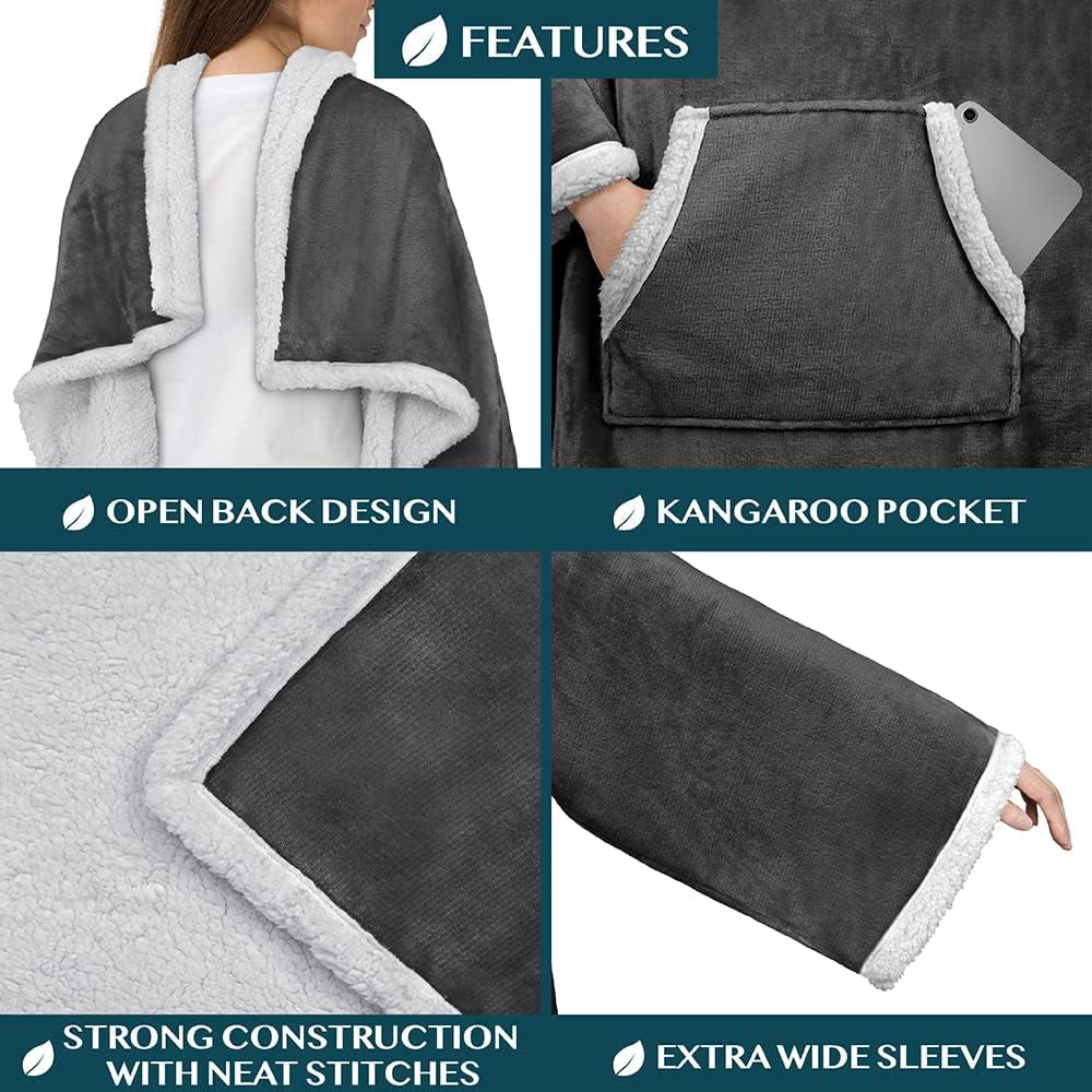 PAVILIA Cozy Sherpa Wearable Blanket with Sleeves & Pocket - Perfect Plush Gift for Women & Men - Dark Grey