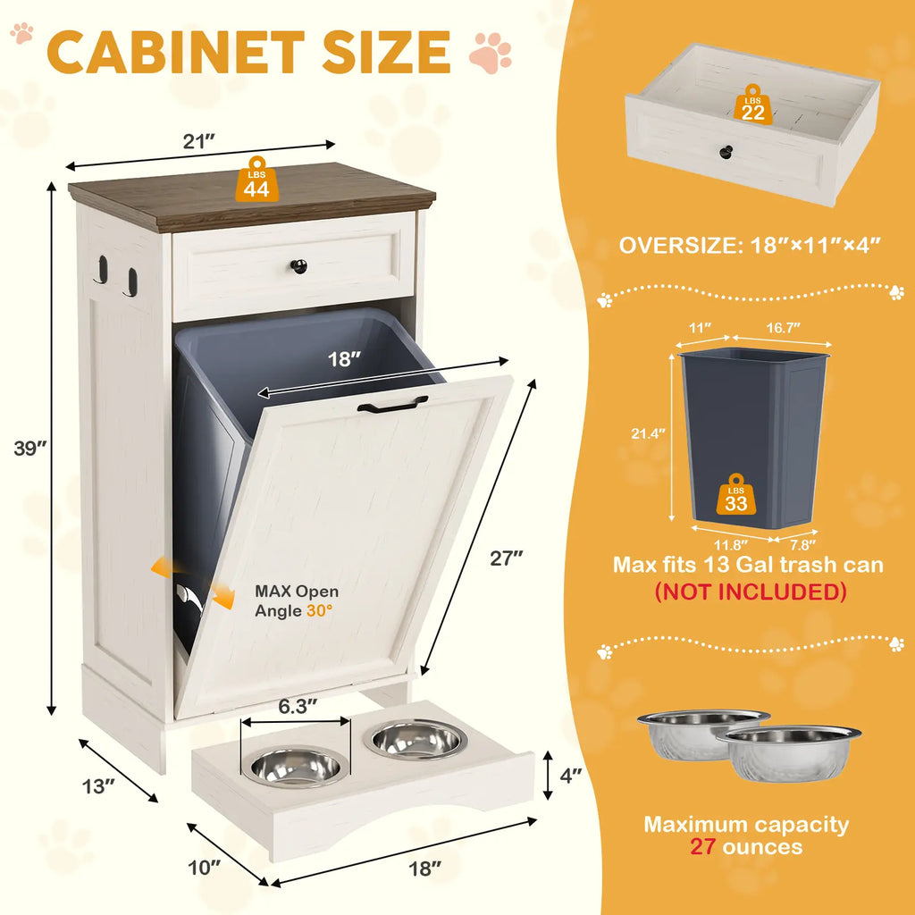 Elevated Dog Feeding Station with Tilt-Out Food Cabinet and Drawer for Pet Feeding and Kitchen Storage