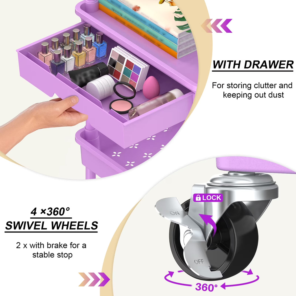 Yeabett 4 Tier Rolling Utility Cart Organizer with Removable Drawer, Mobile Storage Carts with 2 Lockable Wheels for Bathroom, Kitchen, Snack, Craft, Makeup, Baby Essentials，Purple