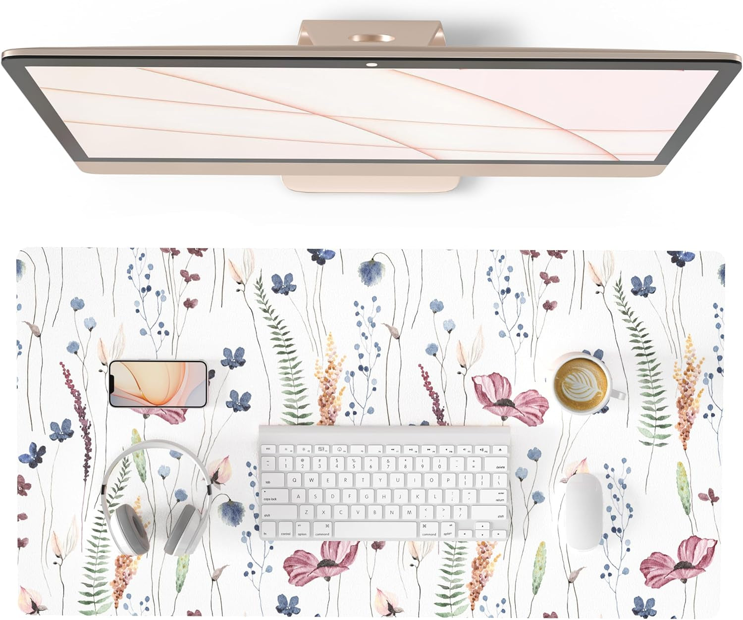 QIYI White Mouse Pad, Cute Marble Large Desk Mat, PU Leather Desk Protector Mousepad, Gold Grey Striped Waterproof Computer Keyboard Gaming Mouse Pads, Non Slip Extended Writing Pad 31.5" X 15.7"