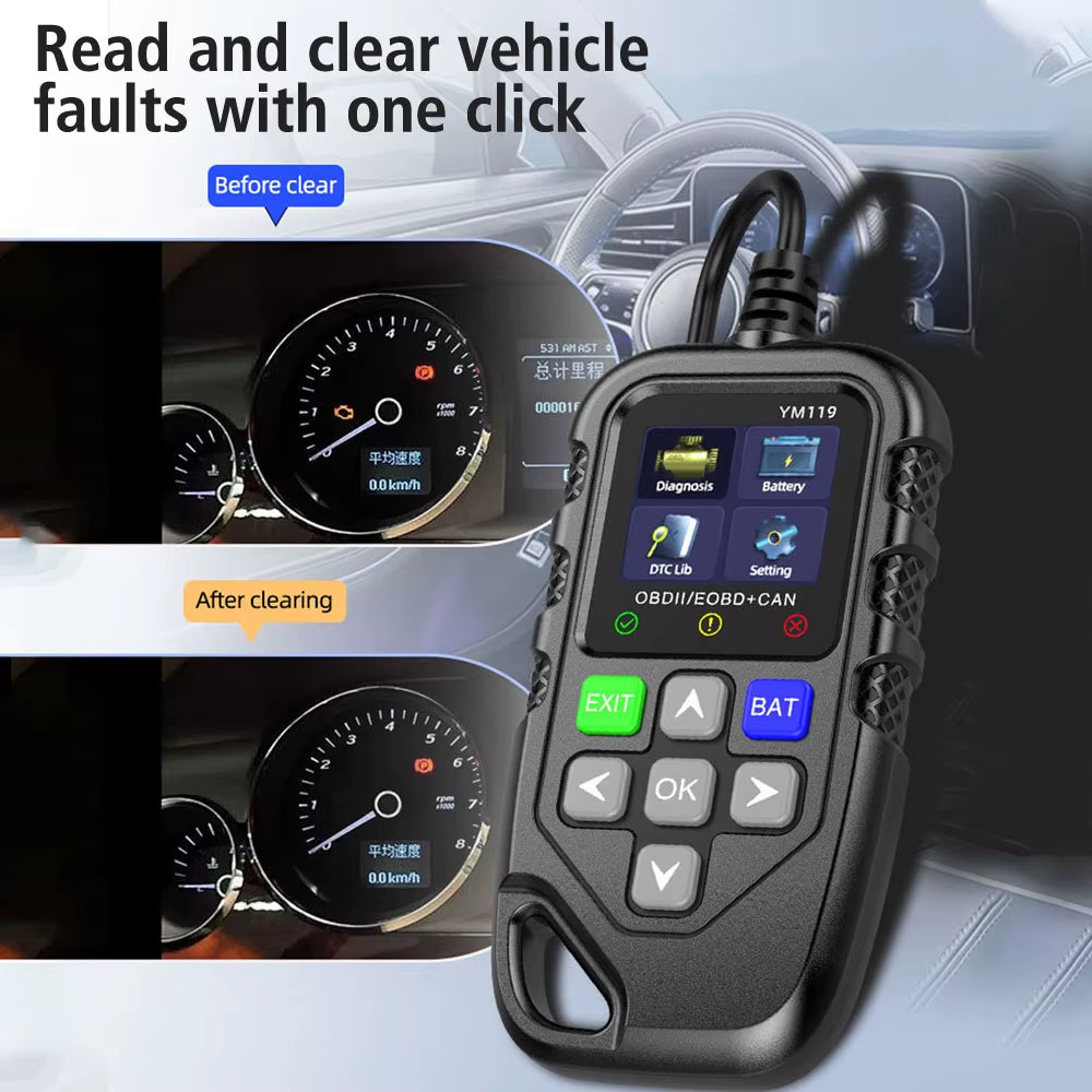 Multi-Language OBD2 Code Reader Work for All Cars YM119 Car Auto Diagnostic Tool Clear/Erase Codes OBDII Scanner