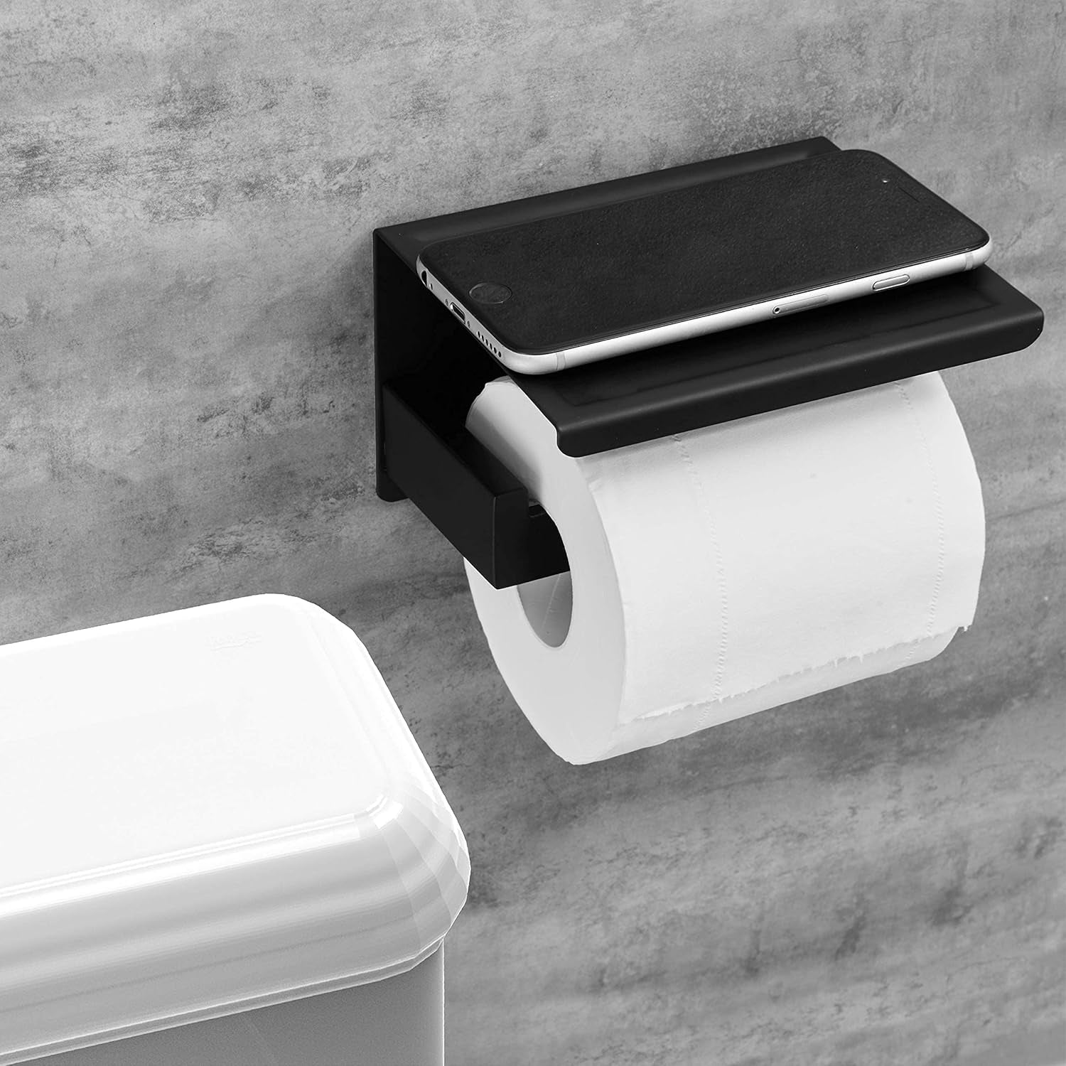 Sleek Matte Black Toilet Paper Holder with Shelf - Self-Adhesive or Wall-Mount for Stylish Bathrooms