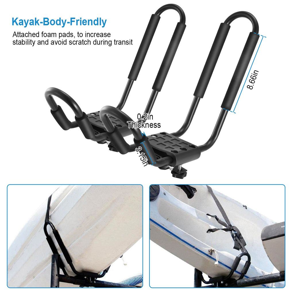 1 Pair Universal J-Bar Kayak Carrier 220LBS Load Heavy Duty Canoe Car Top Mount Carrier Roof Rack with 2Pcs Tie down Straps