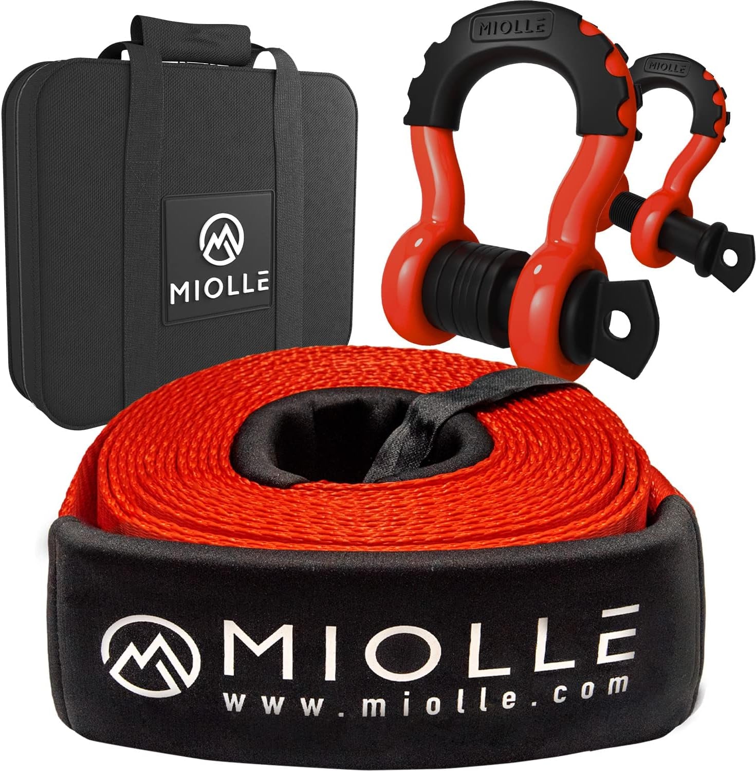 Miollegear Heavy-Duty 4”x30’ Tow Strap Kit - 45000Lbs MBS Recovery Strap with Tow Rope, 2 D-Ring Shackles (MBS 62700Lbs) & Storage Case