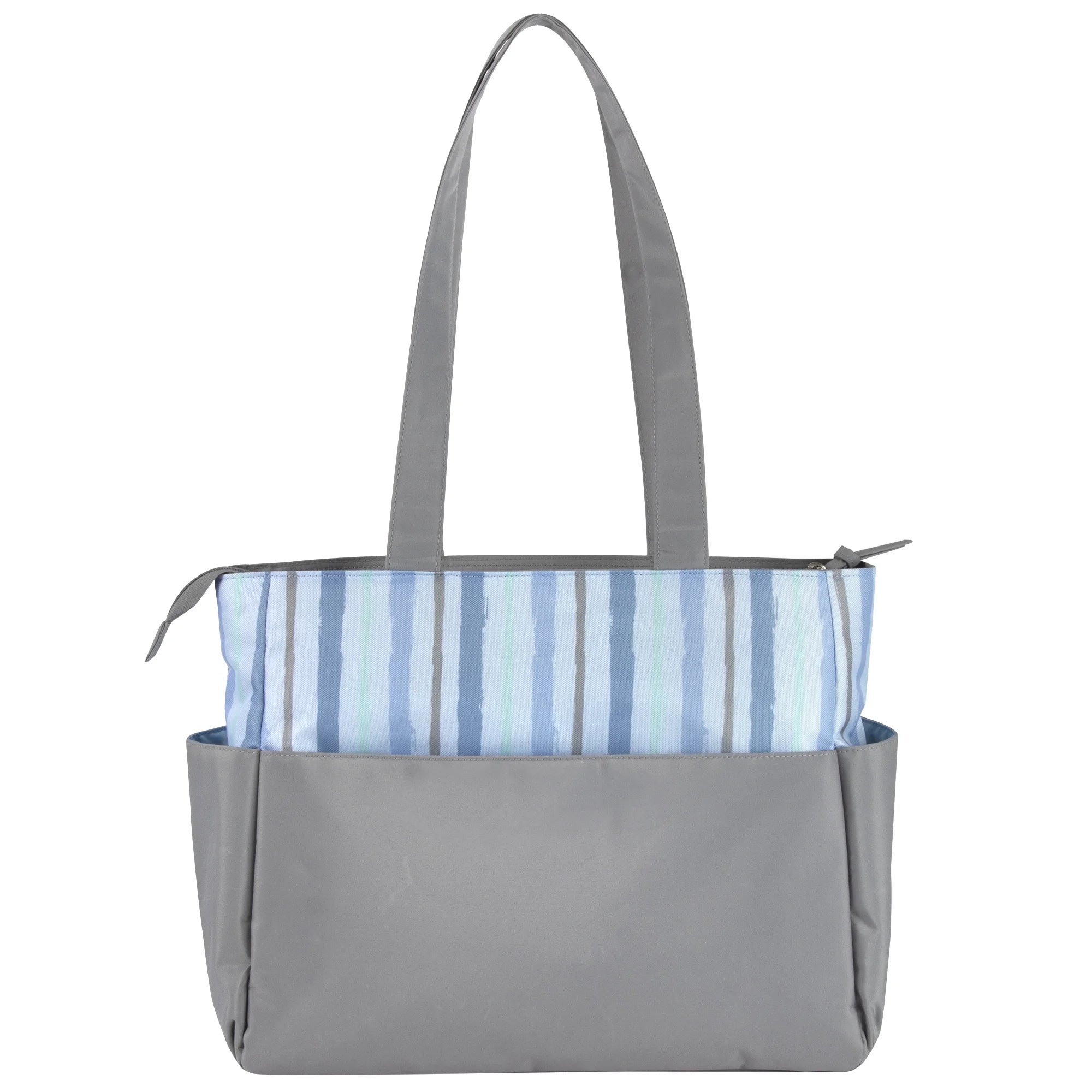 Baby Essentials 14.5"L Rainbow 5 Piece Multi-Pocket Diaper Bag Tote with Matching Changing Pad, Baby Wipes Case, Insulated Bottle Bag & Organizer Pouch for Newborns, Infants & Toddlers in Blue & Gray