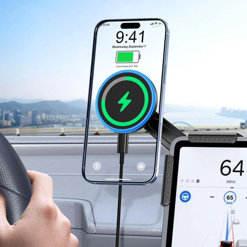 Tesla Car Mount Charger, [Heat Restriction] [LED RGB Handsfree] Wireless Car Phone Holder Charger, Magnetic Phone Holders for Your Car for Tesla Model Y/3/S/X Screen for 17/16/15/14/13/12 Series