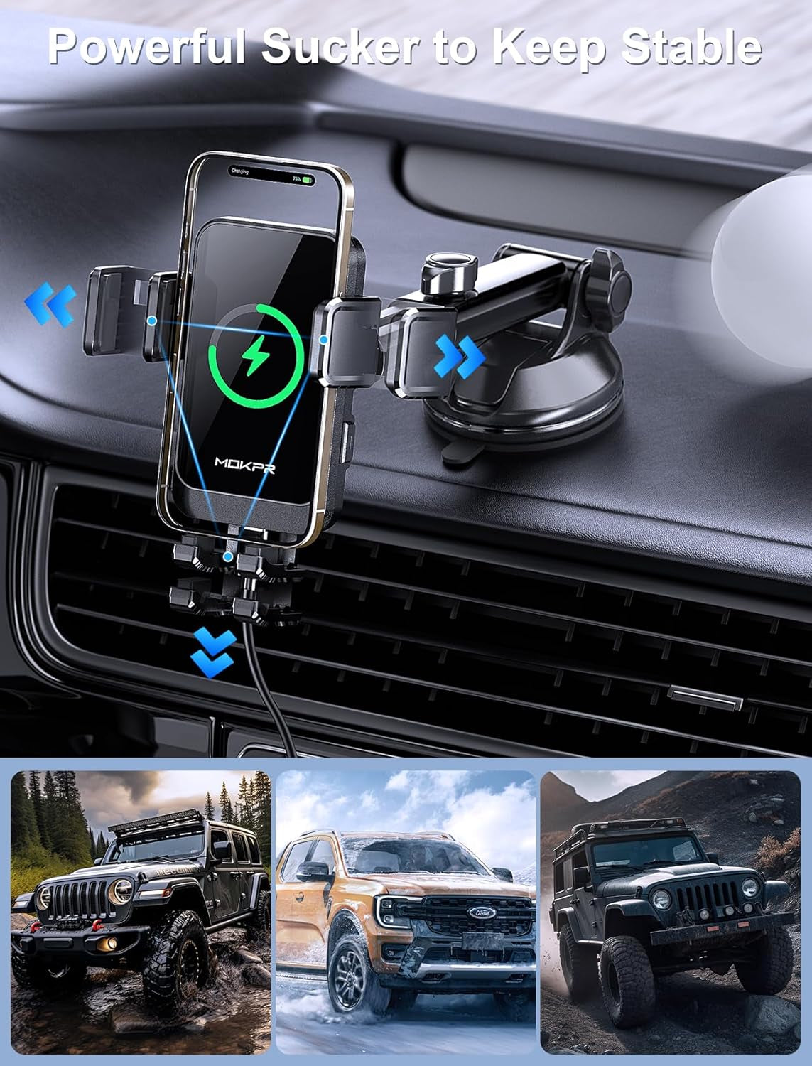 Wireless Car Charger, MOKPR 15W Fast Charging Auto Clamping Dashboard Windshield Air Vent Car Phone Holder with LED Light Car Charger for Iphone 16 15/14/13/12 Pro Max Plus, Samsung S23/S22/S21,Etc