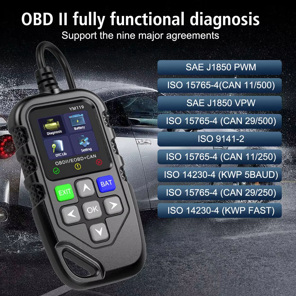 Multi-Language OBD2 Code Reader Work for All Cars YM119 Car Auto Diagnostic Tool Clear/Erase Codes OBDII Scanner