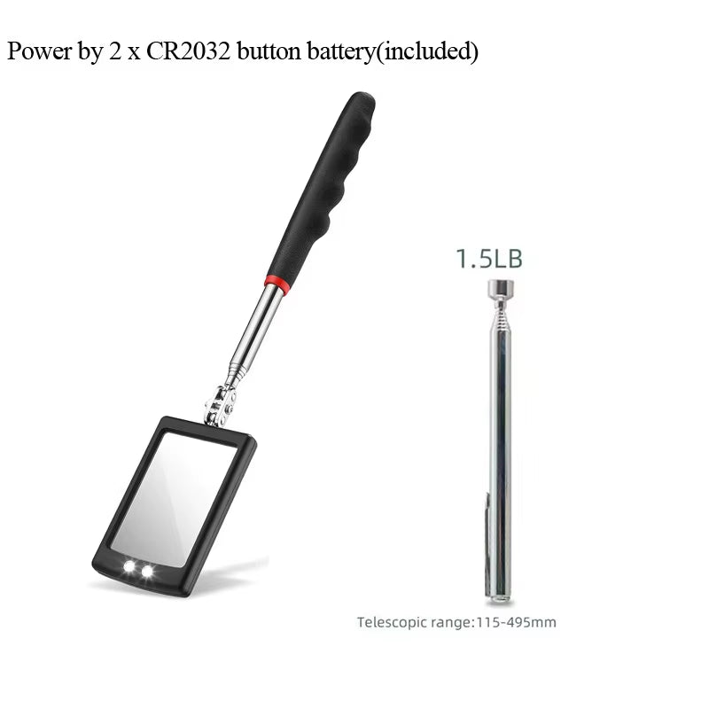 360° Inspection Mirror LED Light Extend Telescopic Inspection Work Mirror with Grip Handle Car Maintenance Repairing Pickuptools