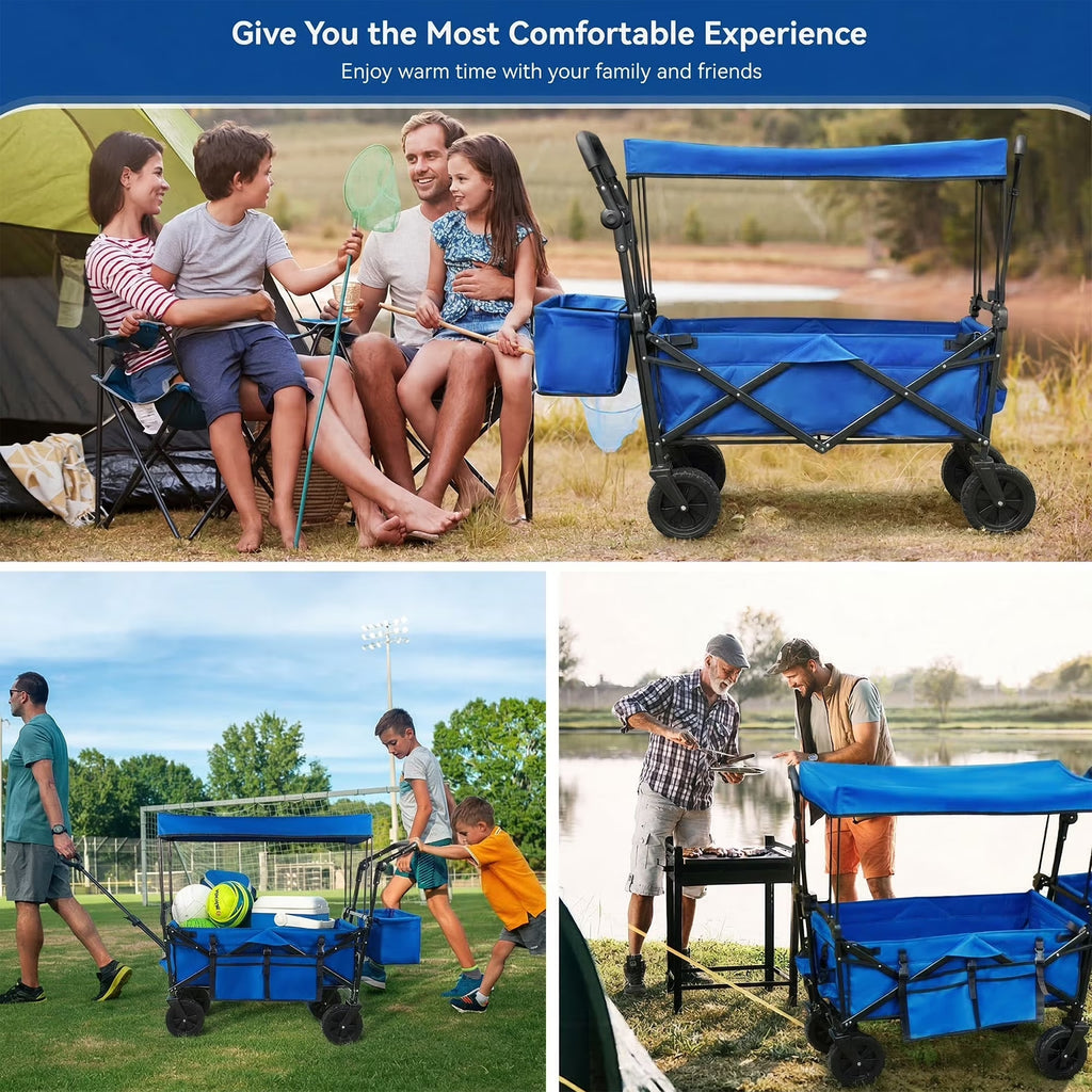 Collapsible Garden Wagon Cart with Removable Canopy Blue