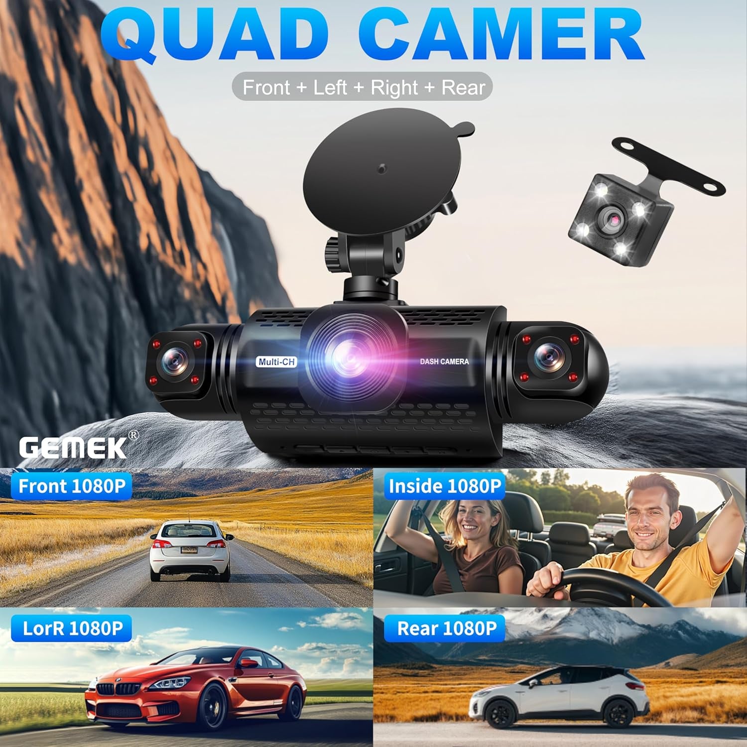 4 Channel Dash Cam 360° View 5G Wifi & APP Control, GEMEK 2K Front and Rear Inside, Left Right Dash Camera for Cars Free 64GB TF Card, G-Sensor, Night Vision, 24H Parking Mode Keyboard Wrist Rest Pad