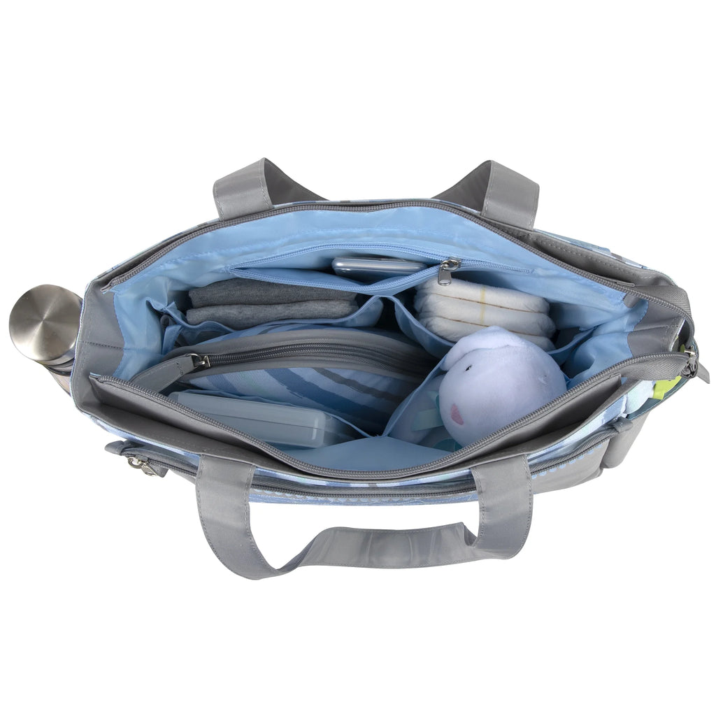 Baby Essentials 14.5"L Rainbow 5 Piece Multi-Pocket Diaper Bag Tote with Matching Changing Pad, Baby Wipes Case, Insulated Bottle Bag & Organizer Pouch for Newborns, Infants & Toddlers in Blue & Gray