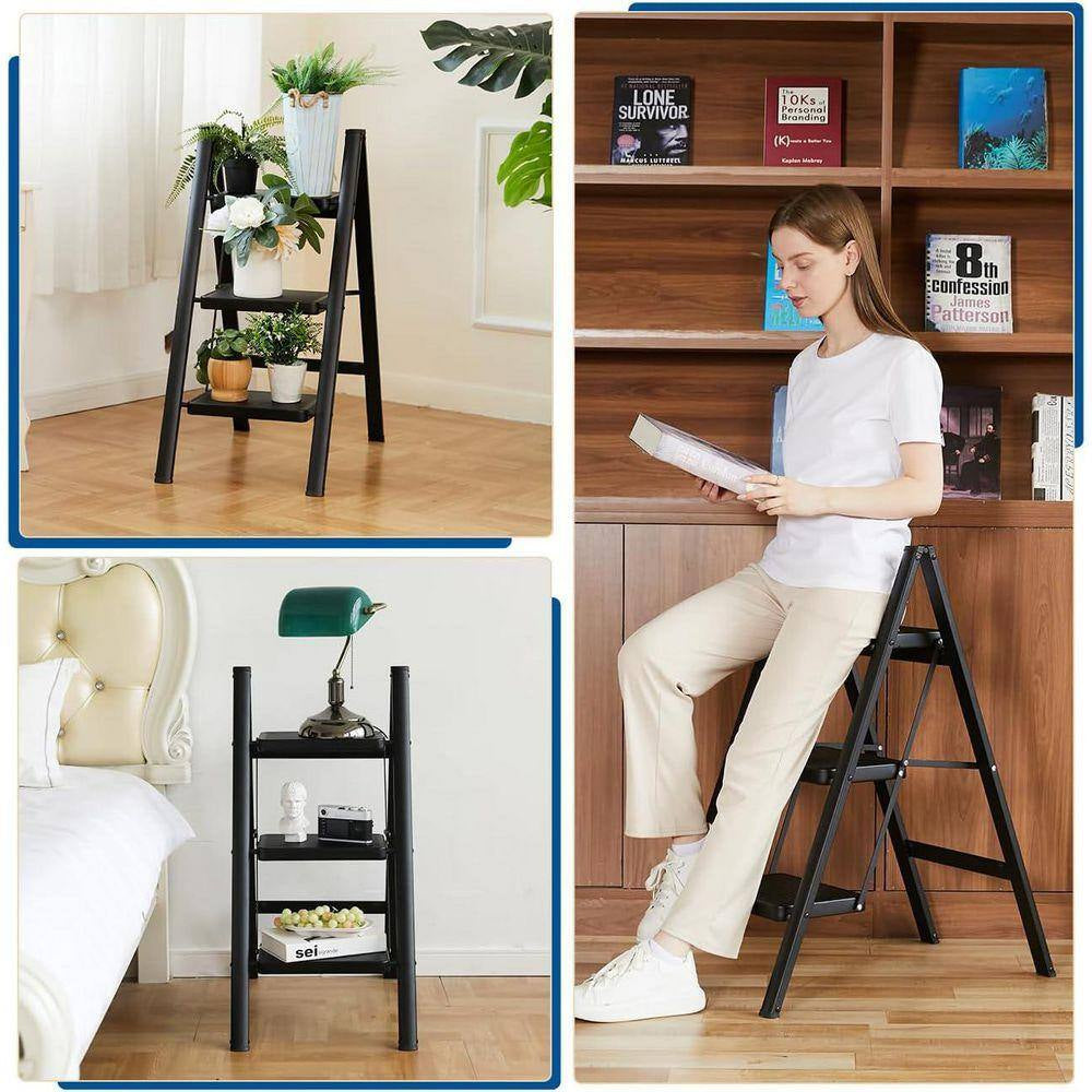 Double Elite Reach 35 In. H 3 Ft. Step Folding Laddersturdy 330 Lbs. Capacity Full Steel Anti-Slip Pedals Compact Design