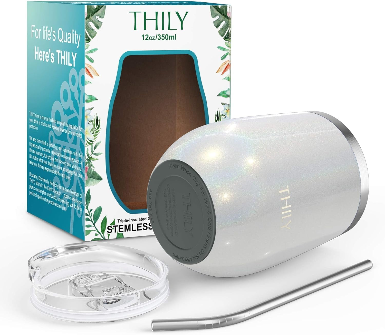 THILY 12Oz Glitter White Insulated Stainless Steel Wine Tumbler with Sliding Lid & Straw - Perfect for Coffee, Cocktails, and Cold Drinks!