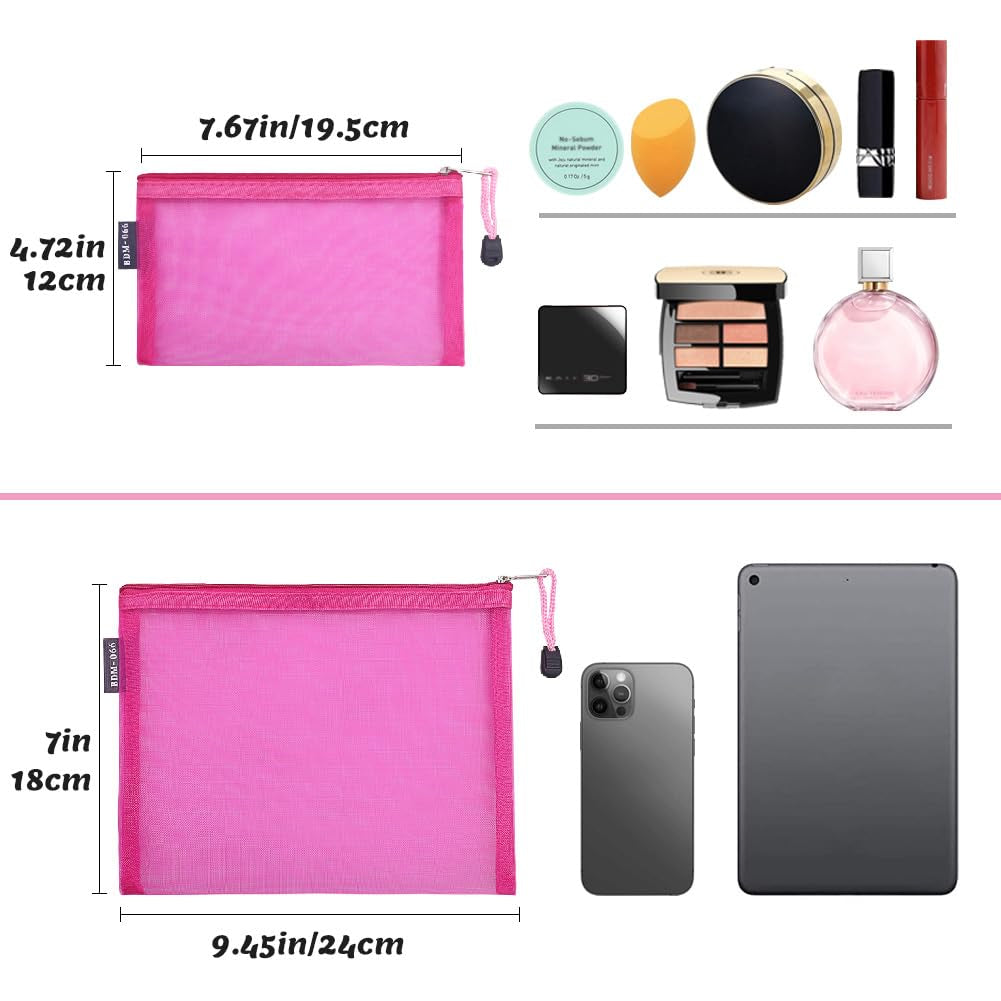Stylish 6-Pack Rose Mesh Cosmetic Bags - Versatile Nylon Makeup Pouches with Zipper for Home, Office, and On-the-Go!