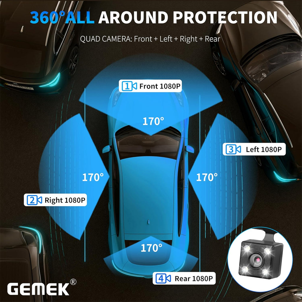 4 Channel Dash Cam 360° View 5G Wifi & APP Control, GEMEK 2K Front and Rear Inside, Left Right Dash Camera for Cars Free 64GB TF Card, G-Sensor, Night Vision, 24H Parking Mode Keyboard Wrist Rest Pad