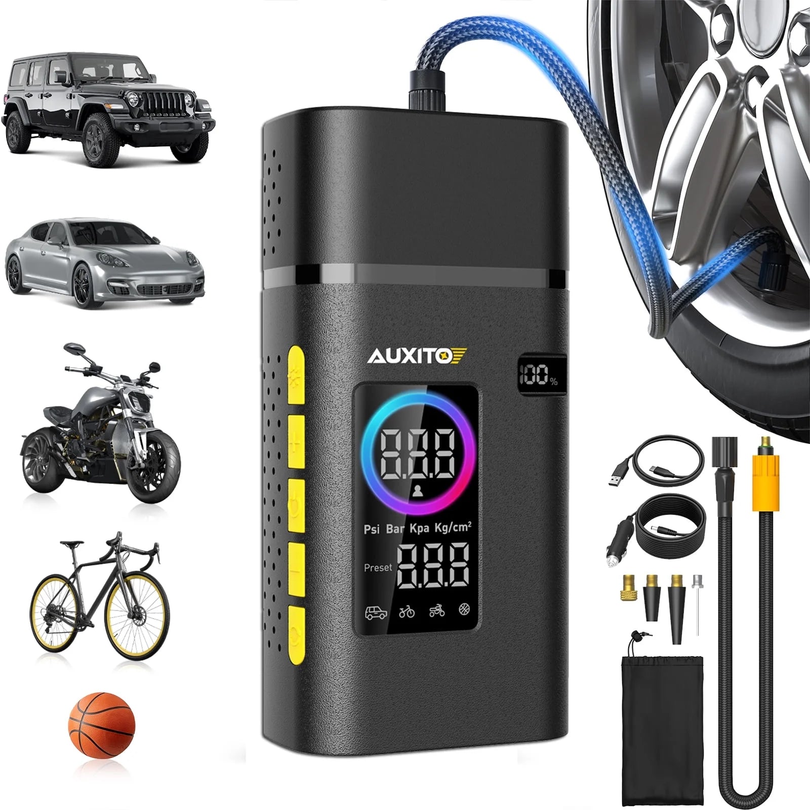 Tire Inflator Portable Air Compressor, 150 PSI Cordless Air Pump with 7800Mah Rechargeable Battery for Car, Truck, Motorcycle Tires & Ball, Compact Bike Pump