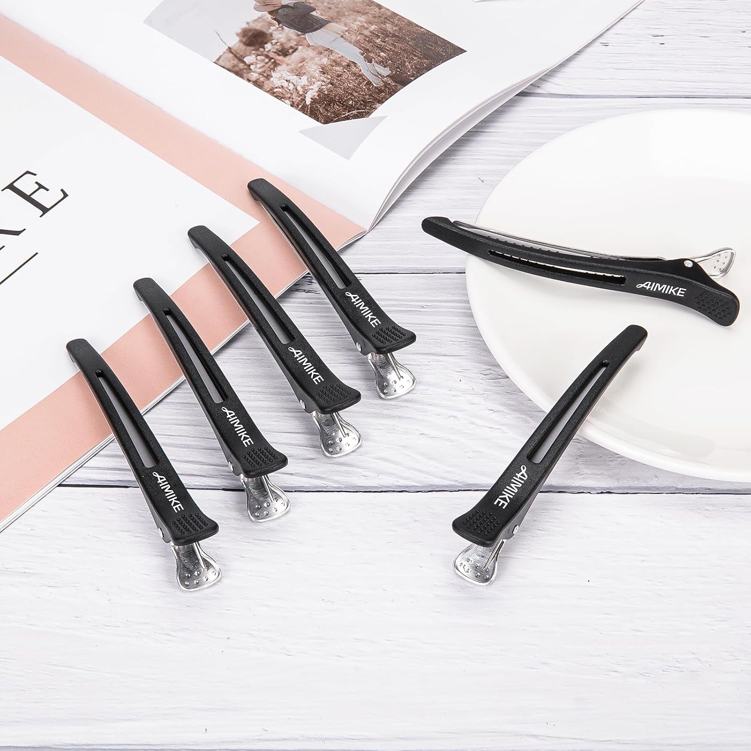 AIMIKE 6Pcs Professional Hair Clips for Styling Sectioning, Non Slip No-Trace Duck Billed Hair Clips with Silicone Band, Salon and Home Hair Cutting Clips for Hairdresser, Women, Men - Black 4.3” Long