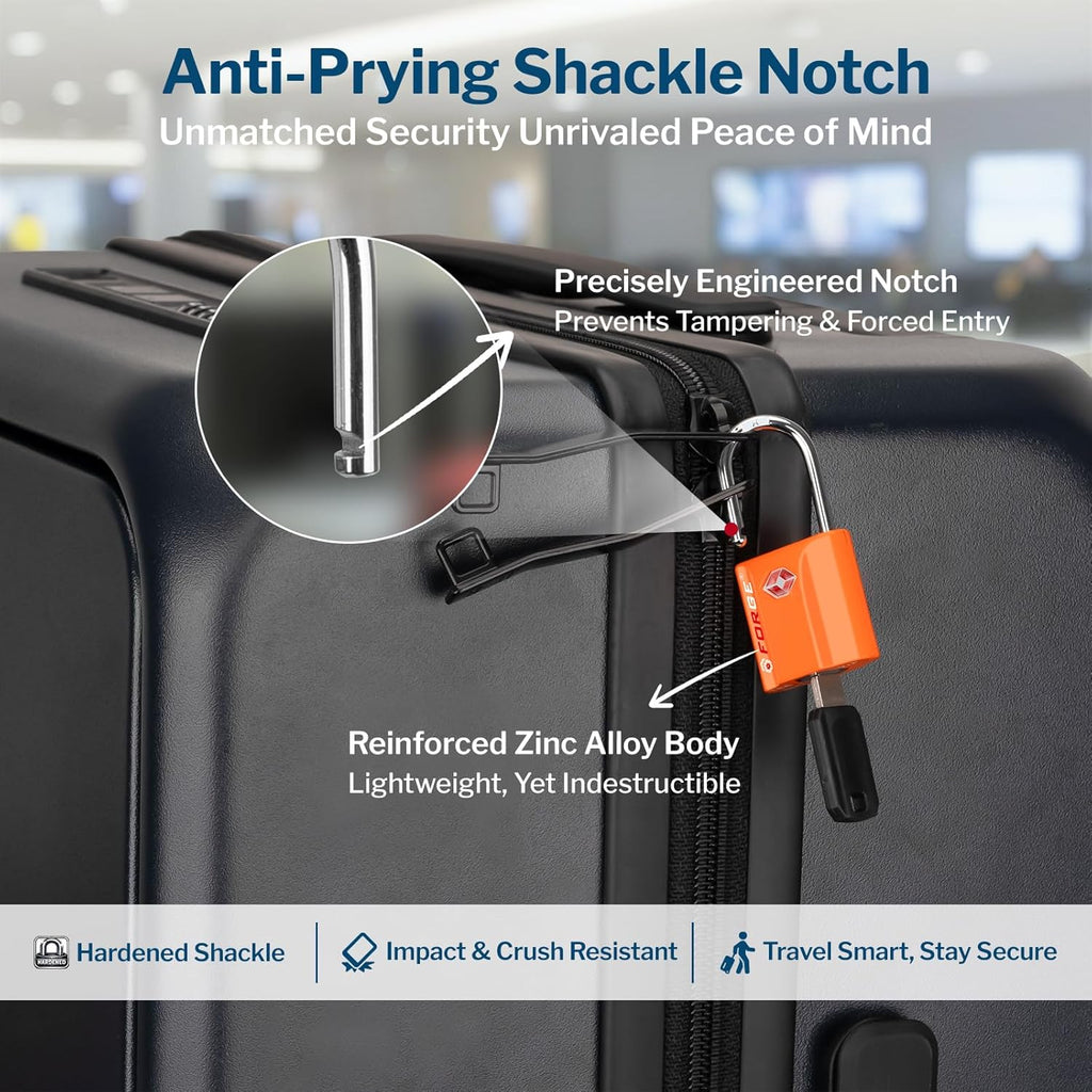 Forge Small TSA Approved Luggage Locks - Ultra Secure Dimple Key Travel Locks, Alloy Body, Perfect for Luggage, Travel Cases & Backpacks - 4 Pack in Vibrant Orange