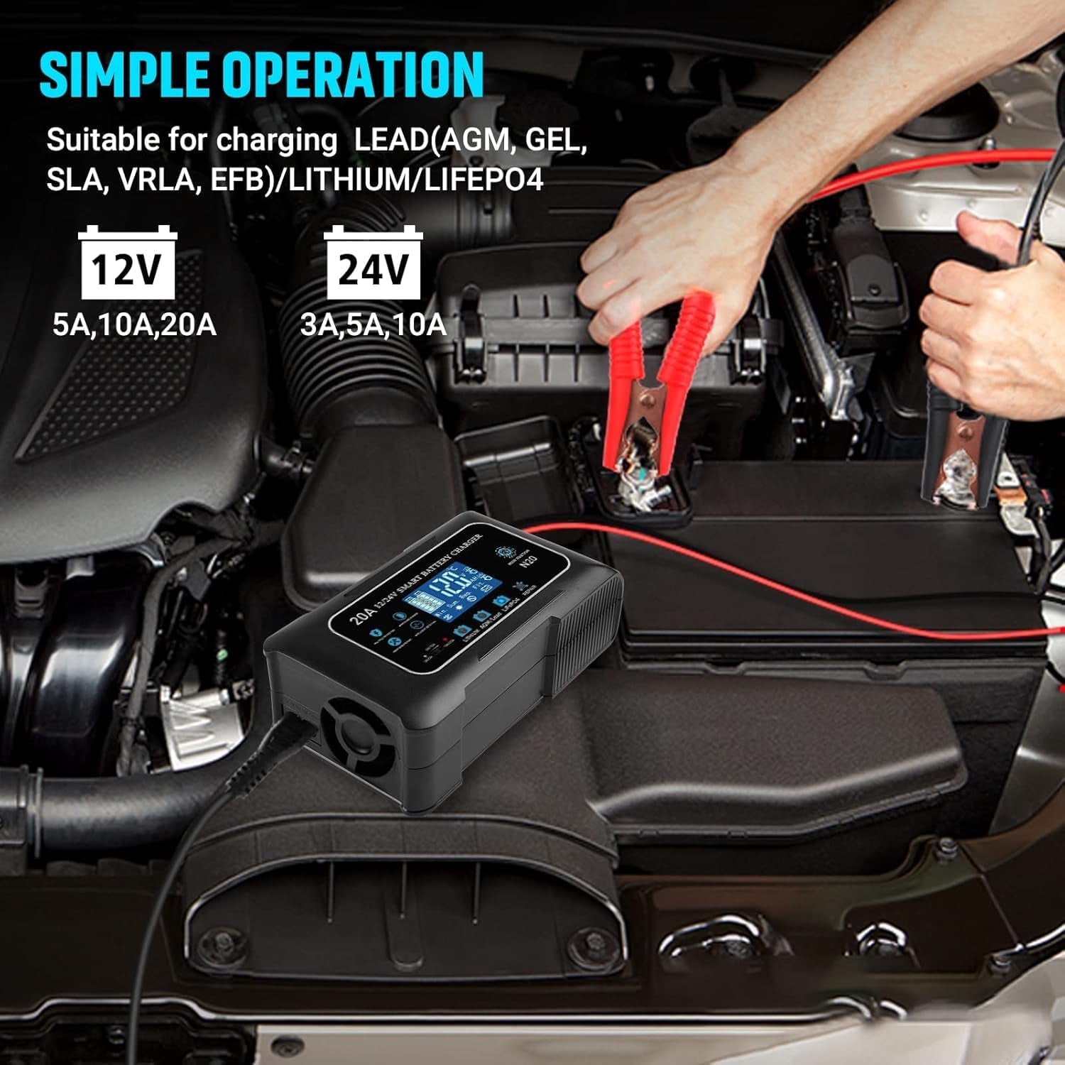 Battery Charger 0-20A 12V and 24V Lithium, Lifepo4, Lead Acid (Agm/Gel/Sla), Smart Car Battery Charger and Maintainer, Trickle Charger with Pulse Repair for Car, Boat, Marine, Deep Cycle