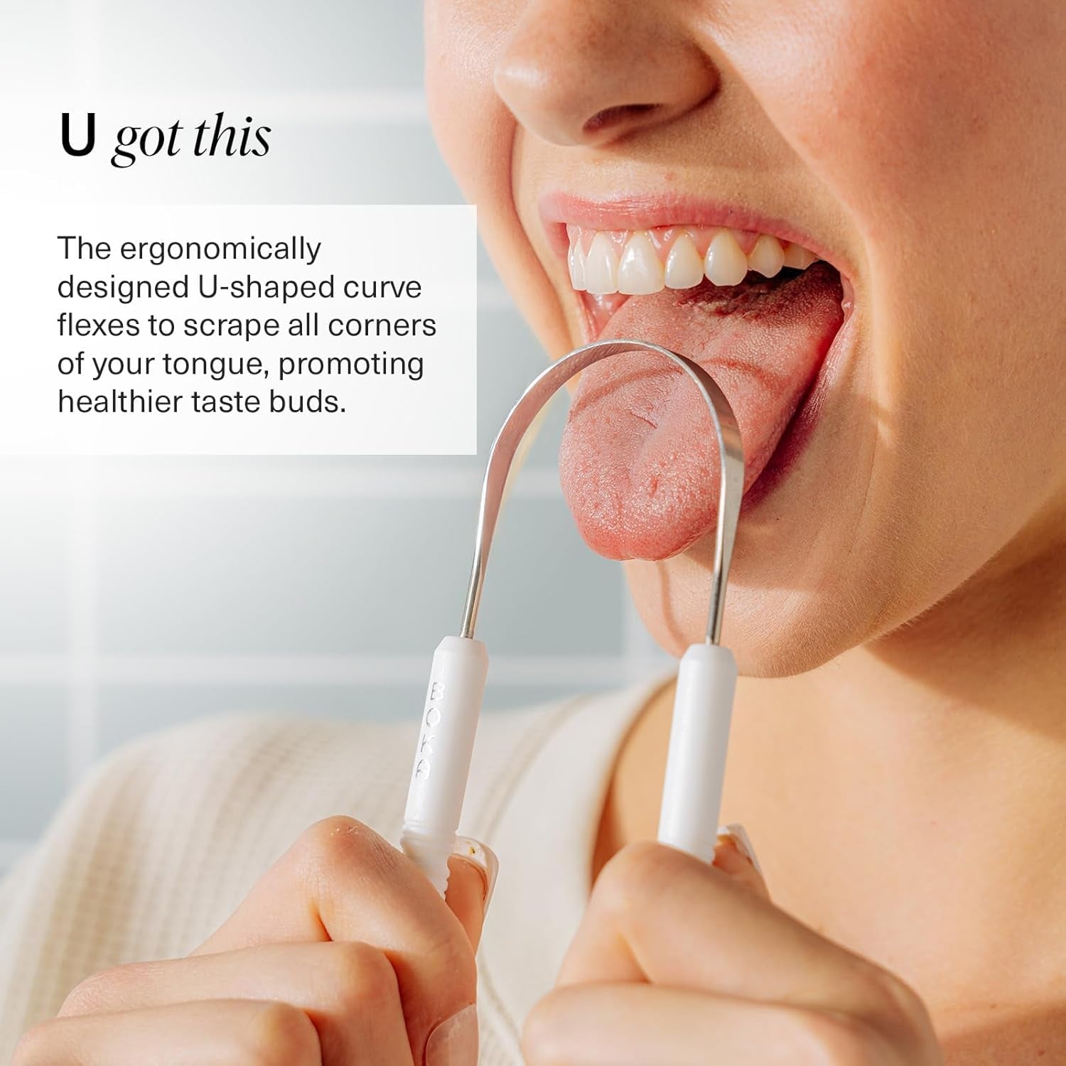 Boka Tongue Scraper for Adults & Kids with Case - Stainless Steel Tongue Cleaner W/Linen Travel Pouch - Scrubber to Remove Tongue Buildup and Freshens Breath (Pack of 1)