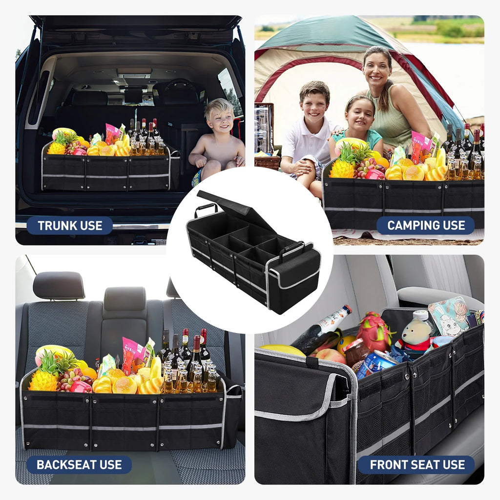 Car Storage Organizer, Collapsible Multi Compartment SUV Trunk Organizer with Leakproof Insulated Bag, Adjustable Securing Straps, Foldable Cover, Trunk Storage Box for Car, SUV, Truck, or Van