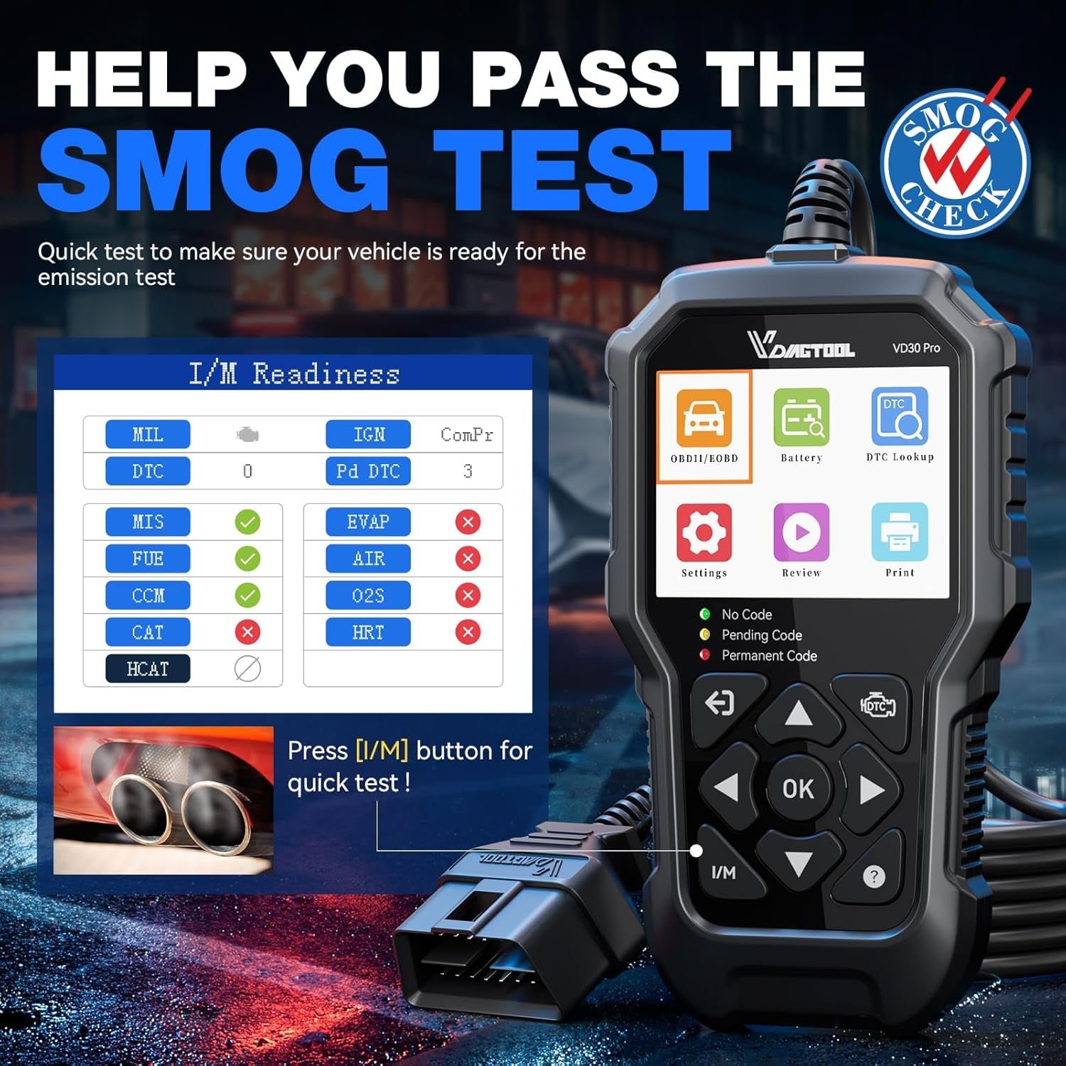 VDIAGTOOL VD30 Pro Car Code Reader, OBD2 Scanner Diagnostic Tool for Cars and Trucks, Check Engine Code Reader, OBD2 Scanner with Reset, Escaner Automotriz I/M Readiness for All OBDII Vehicles