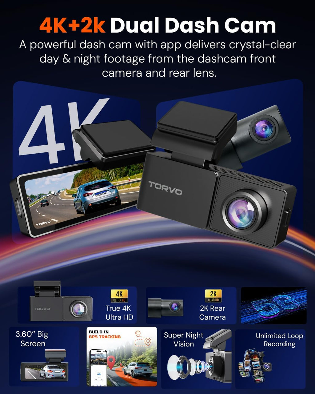 TORVO TD3 4K+2K Dash Cam with App, Camera for Car Front and Back with 5G Wifi & GPS, Free 64GB Card, Night Vision Dashcam Front Cameras 24/7 Recording When Car Is Off, Security Camera for Cars