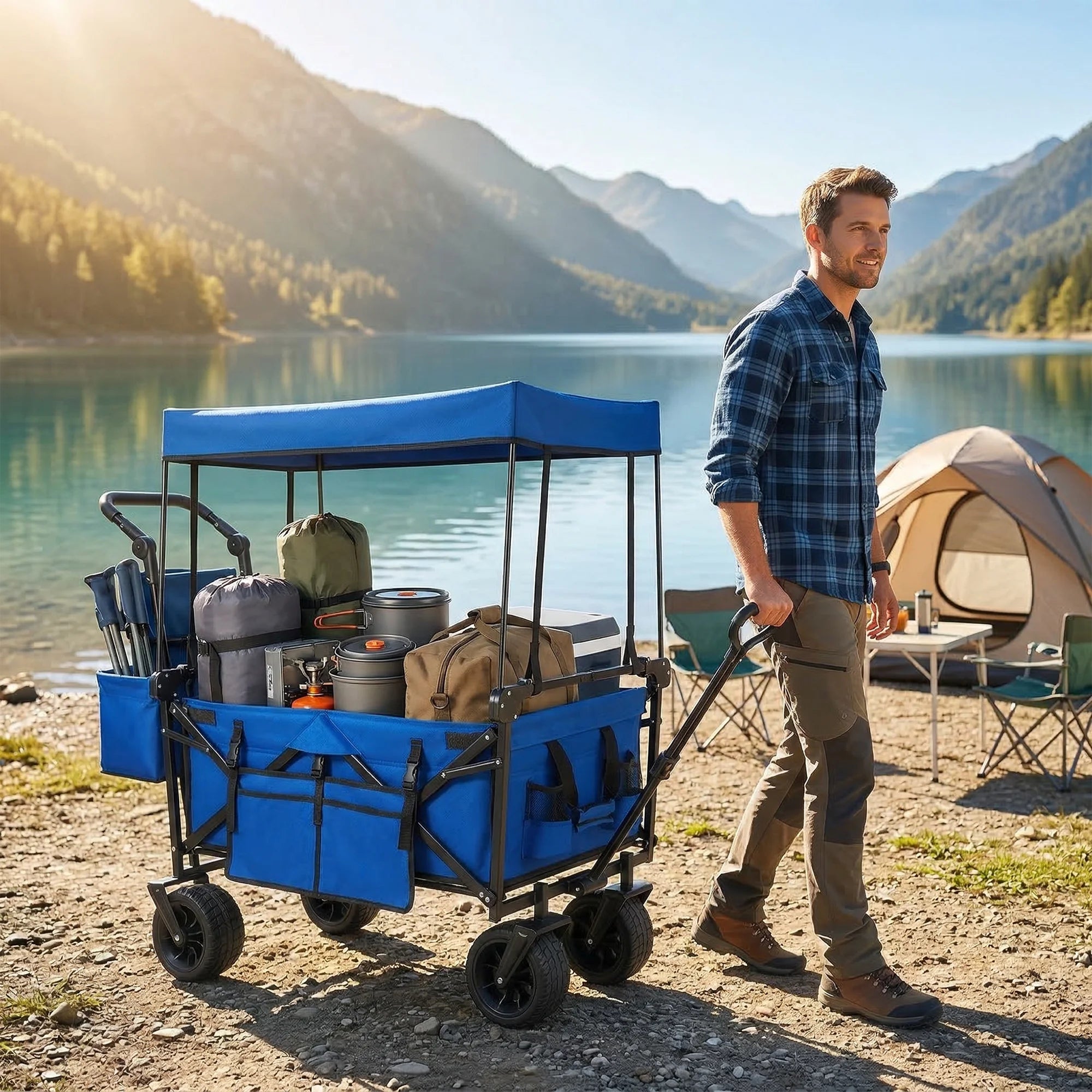 Collapsible Garden Wagon Cart with Removable Canopy Blue