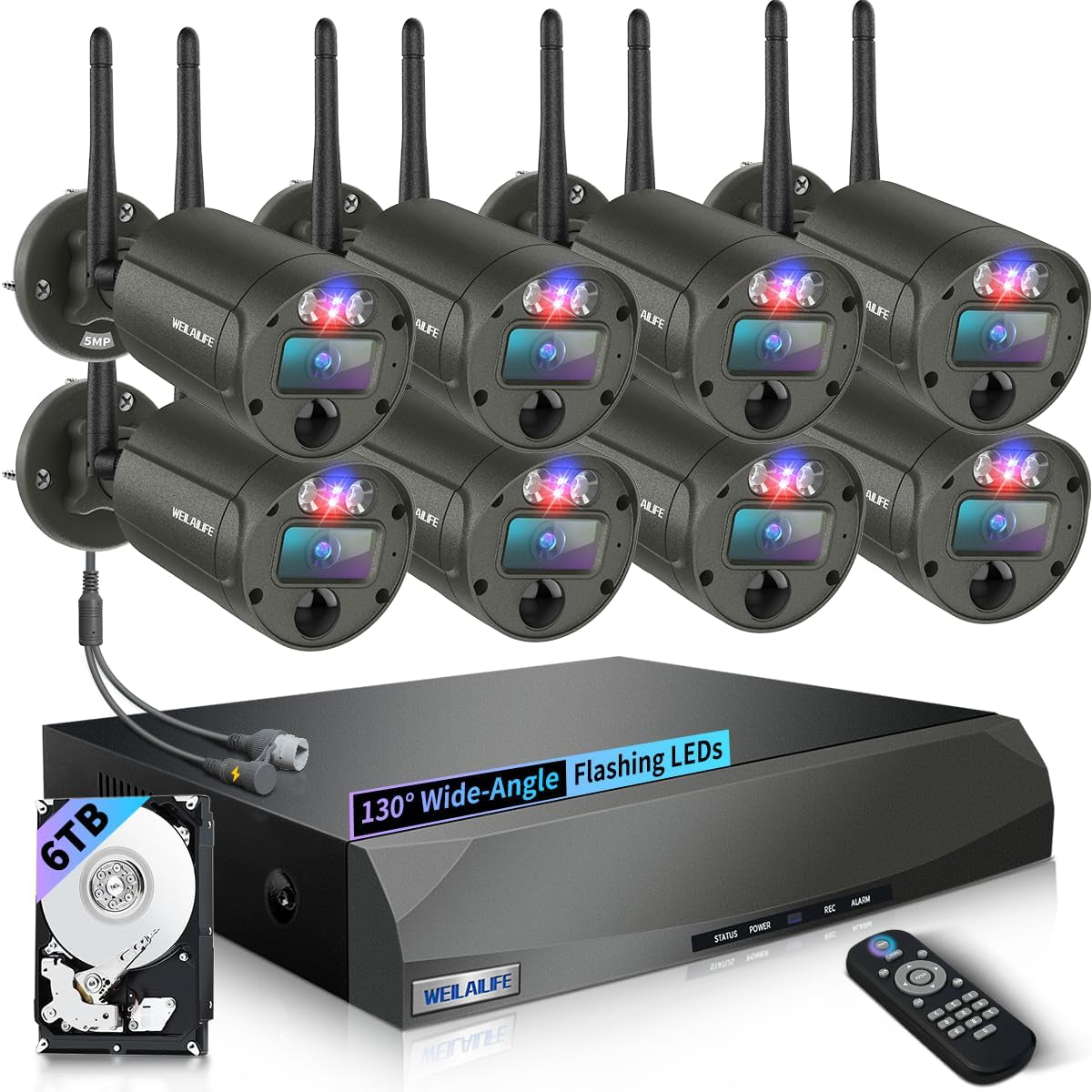 【90 Days Storage & 130° Wide Angle】 Wireless Security Camera System, Wireless Cameras for Home Security, Outdoor Wifi Video Surveillance DVR Kits