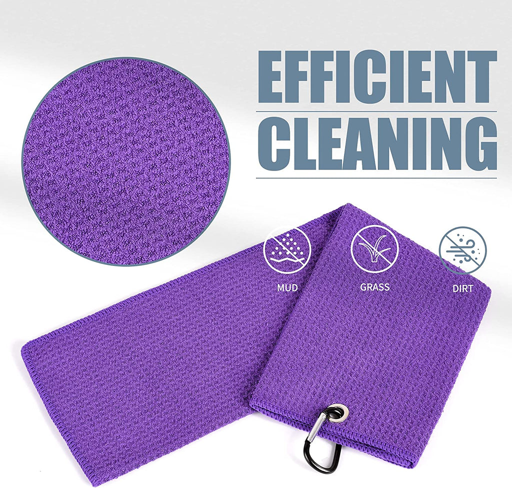 Mile High Life Tri-Fold Golf Towel | 16" X 24" | Premium Microfiber Fabric | Waffle Pattern | with Heavy Duty Carabiner Clip | for Men and Women (Purple)