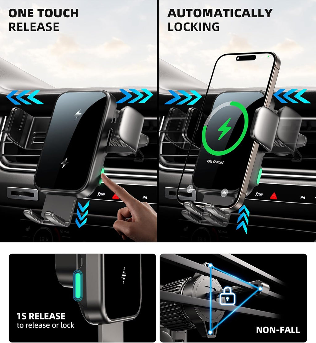 Dual Coil 15W Cup Phone Holder Mount,Wireless Car Charger Auto-Clamping Fast Charging Vent Phone Holders for Your Car for Iphone 17/16/15,Samsung Flip S25 S24 S23 S22 Ultra