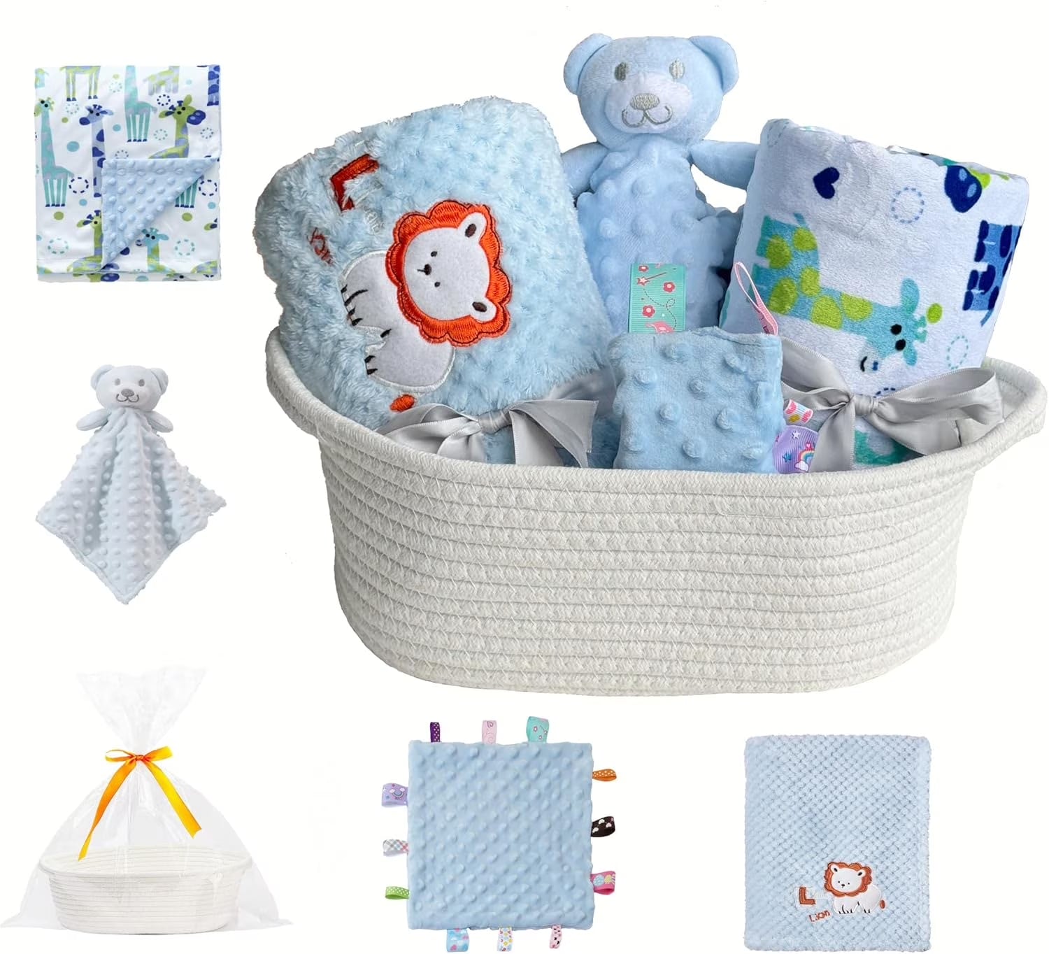 CREVENT Set for Girls -Diaper Caddy Organizer Basket with 2 Blankets, 1 Taggie, 1 Lovey, 3 Socks，1 Headband，1 Gift Bag with Ribbon - Newborn Essential Gift Set (Pink)