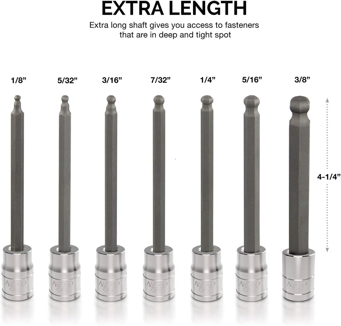 Neiko 10072A 7-Piece Extra Long Allen Hex Bit Socket Set - 3/8-Inch Drive, SAE, Durable S2 & Cr-V Steel, 1/8-Inch to 3/8-Inch