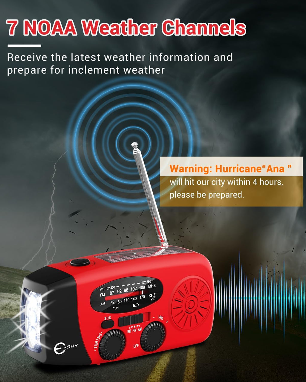 Esky Emergency Hand Crank Radio 7400Mwh with 3 LED Flashlight, AM/FM/NOAA Portable Weather Radio with Built-In 2000Mah Battery, Solar Powered Radio for Indoor Outdoor Survival Camping, SOS Alarm