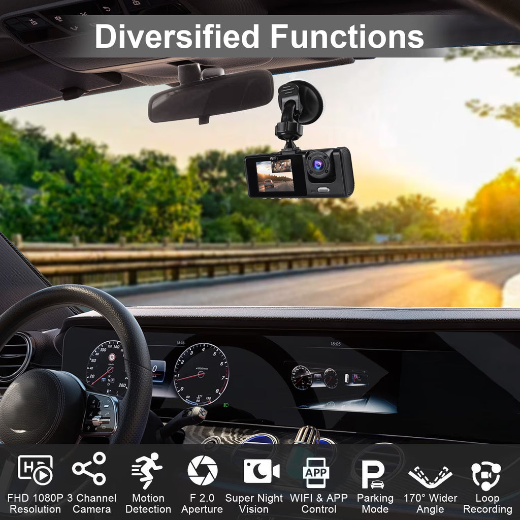 AILKIN Dash Cam Front and Rear,Full HD 1920P/1080P Dash Cam Wifi App 3 Channel Dash Cam Front and Rear inside 170°Wide Angle Loop Recording Dash Camera for Cars with Night Vision
