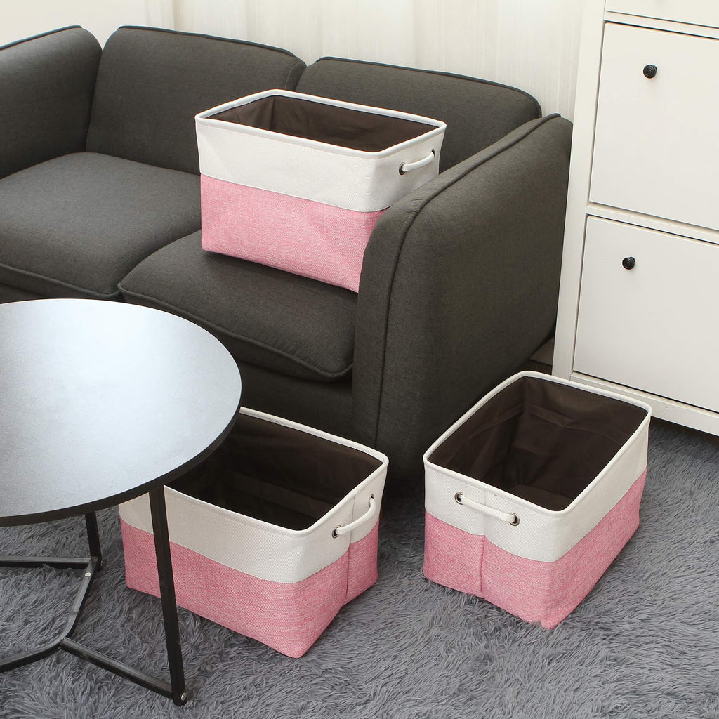 3-Pack Large Storage Basket Set, Trunk Organizer, Clothes Toys Bin, 15 X 10 X 10 Inches, Big Rectangular Canvas Fabric Collapsible Shelf Box with Handles, Pink & White