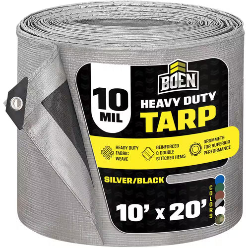 10 Ft. X 20 Ft. Heavy-Duty Commercial Silver/Black Tarp Cover 10 Mil Thick Weave Material, Waterproof