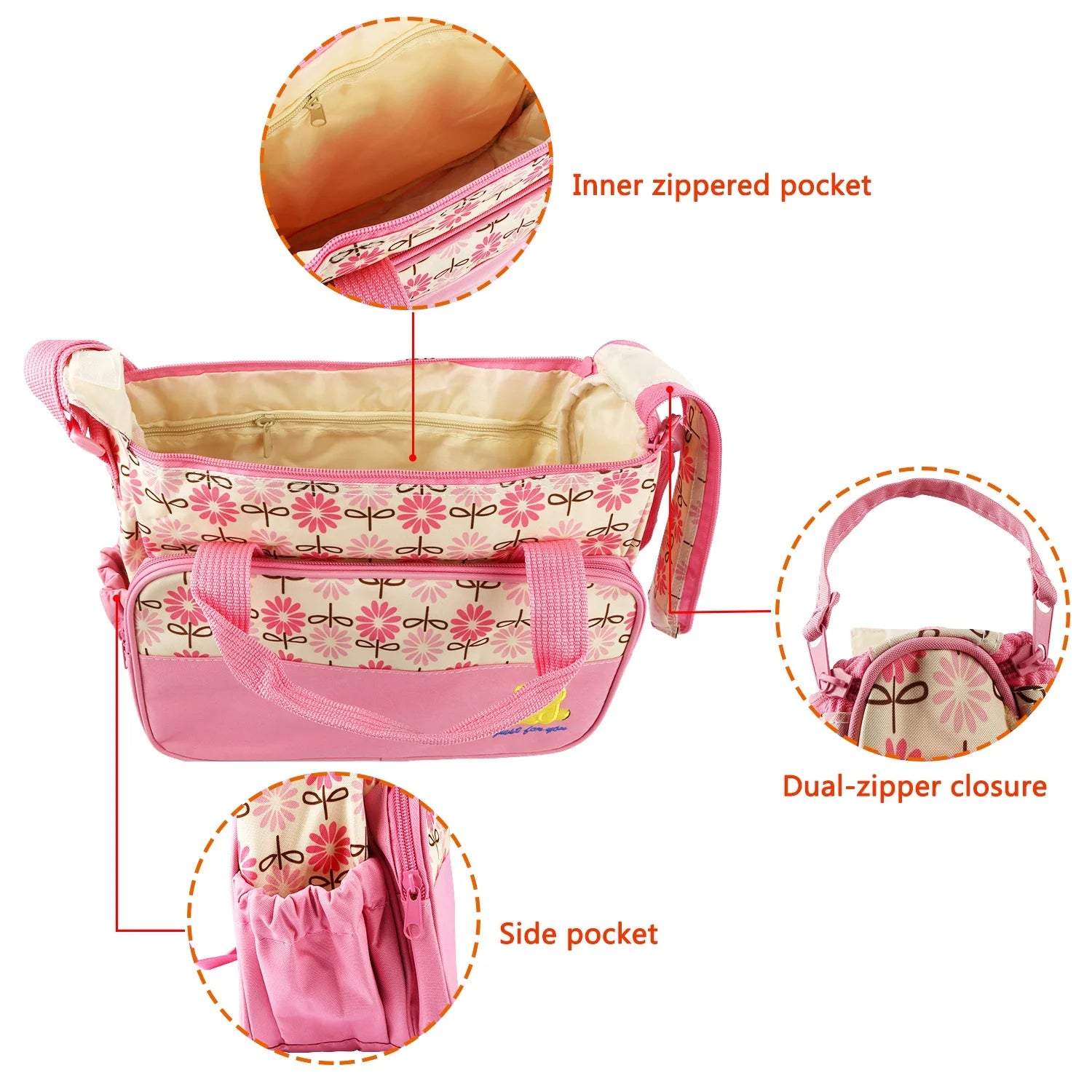 Baby Diaper Bag 5 Pcs Toddler Diaper Bag Tote Multifunction Portable Baby Bag for Boys and Girls Pink