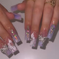 Gorgeous Purple Gradient Press-On Nails with Butterfly Rhinestone Designs - Long Square Full Cover Acrylic Nail Kit