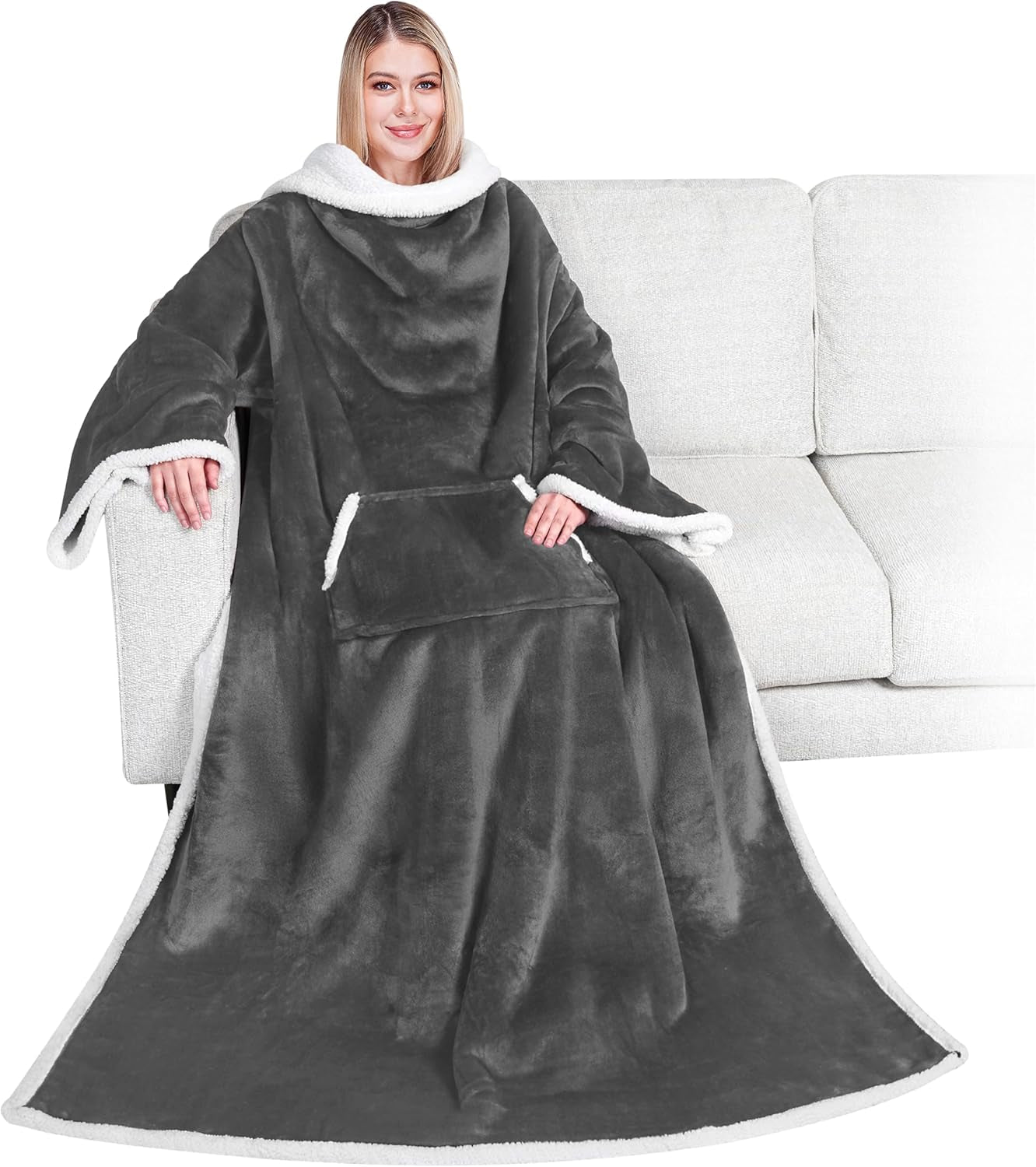 PAVILIA Cozy Sherpa Wearable Blanket with Sleeves & Pocket - Perfect Plush Gift for Women & Men - Dark Grey