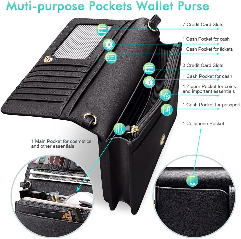 Nuoku Women Small Crossbody Bag Cellphone Purse Wallet with RFID Card Slots 2 Straps Wristlet