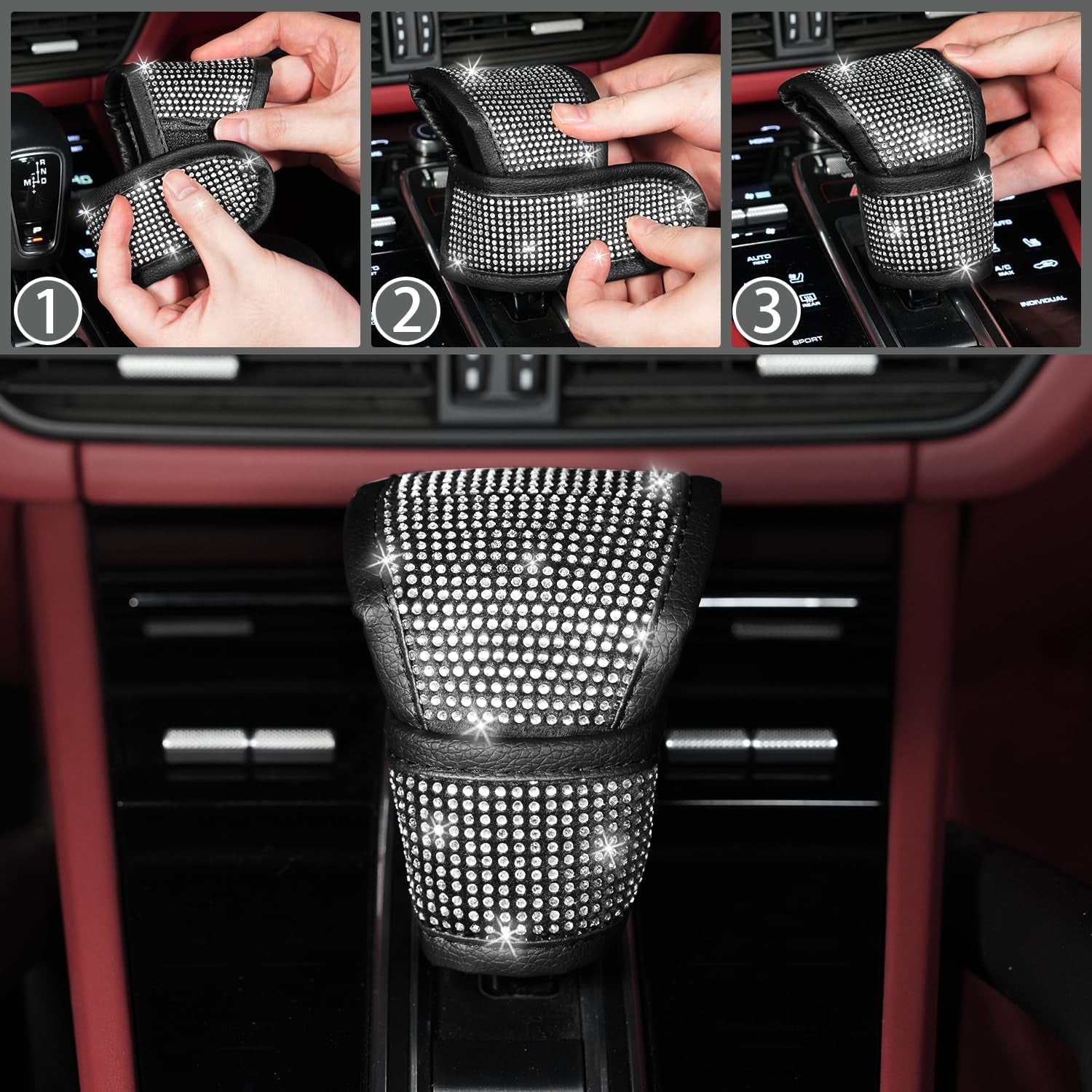 Sparkling 8-Piece Bling Car Accessories Set for Women - Steering Wheel Cover, Seat Belt Covers & Gear Shift Cover in Silver Diamond - Universal Fit for Most Cars