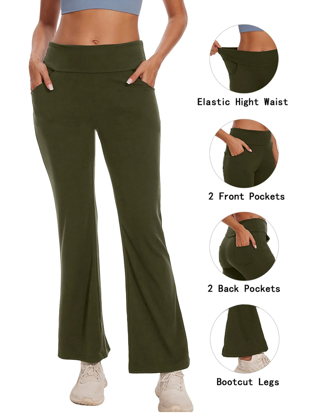 Womens Bootcut Yoga Pants with Pockets Flare Workout Legging High Waist Lightweight Bottoms Activewear Green 3XL